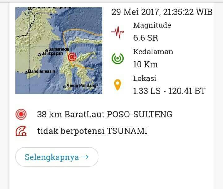Gempa Bumi Kekuatan 6,6 SR Guncang Poso, Tidak Berpotensi Tsunami