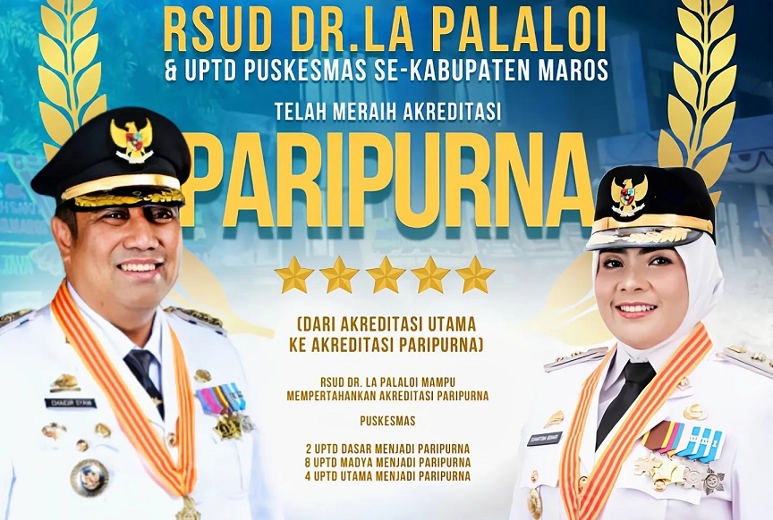 Pemerintah Kabupaten Maros mengucapkan selamat kepada RSUD Dr. La Palaloi Maros dan semua Puskesmas di Kabupaten Maros yang berhasil mendapatkan Akreditasi Paripurna pada Jumat, 5 Januari 2023.