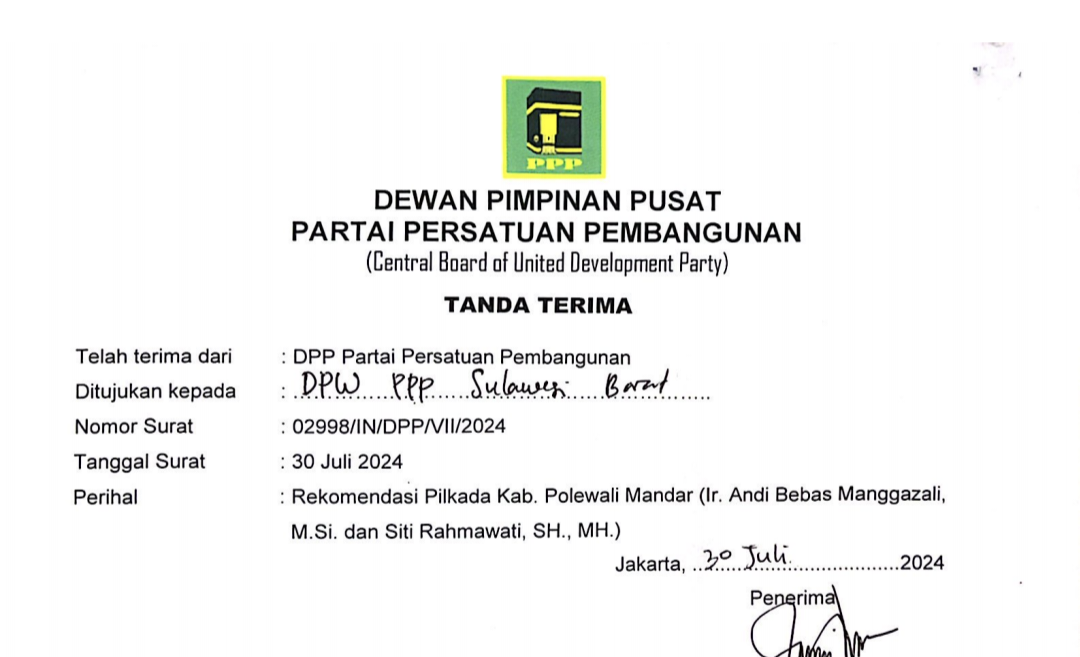 Partai Persatuan Pembangunan (PPP), yang baru saja menyerahkan surat rekomendasi kepada pasangan Bebas-Siti untuk maju di Pilkada Polman, Sulbar.