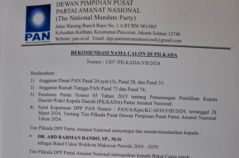 BREAKING NEWS – Rahman Bando Kantongi Rekomendasi DPP PAN Maju Pilwali Makassar