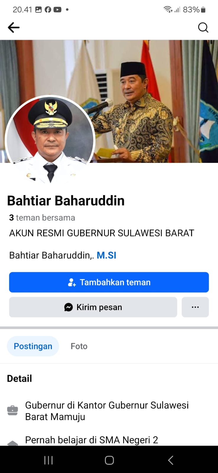 Akun Palsu Yang Mengatasnamakan PJ Gubernur Sulbar Bahtiar Baharuddin di Facebook
