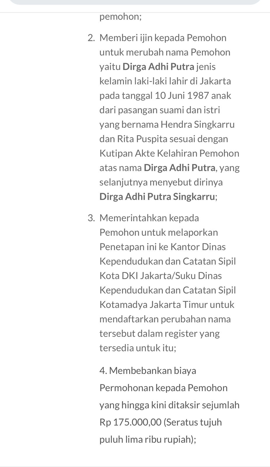 Jelang Pilkada, Dirga Ajukan Permohonan Perubahan Nama, Bayar Rp175 Ribu