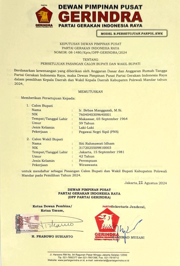 Partai Gerakan Indonesia Raya (Gerindra) secara resmi mengusung pasangan calon bupati Andi Bebas Manggazali dan wakil bupati Siti Rahmawati. (Ist)