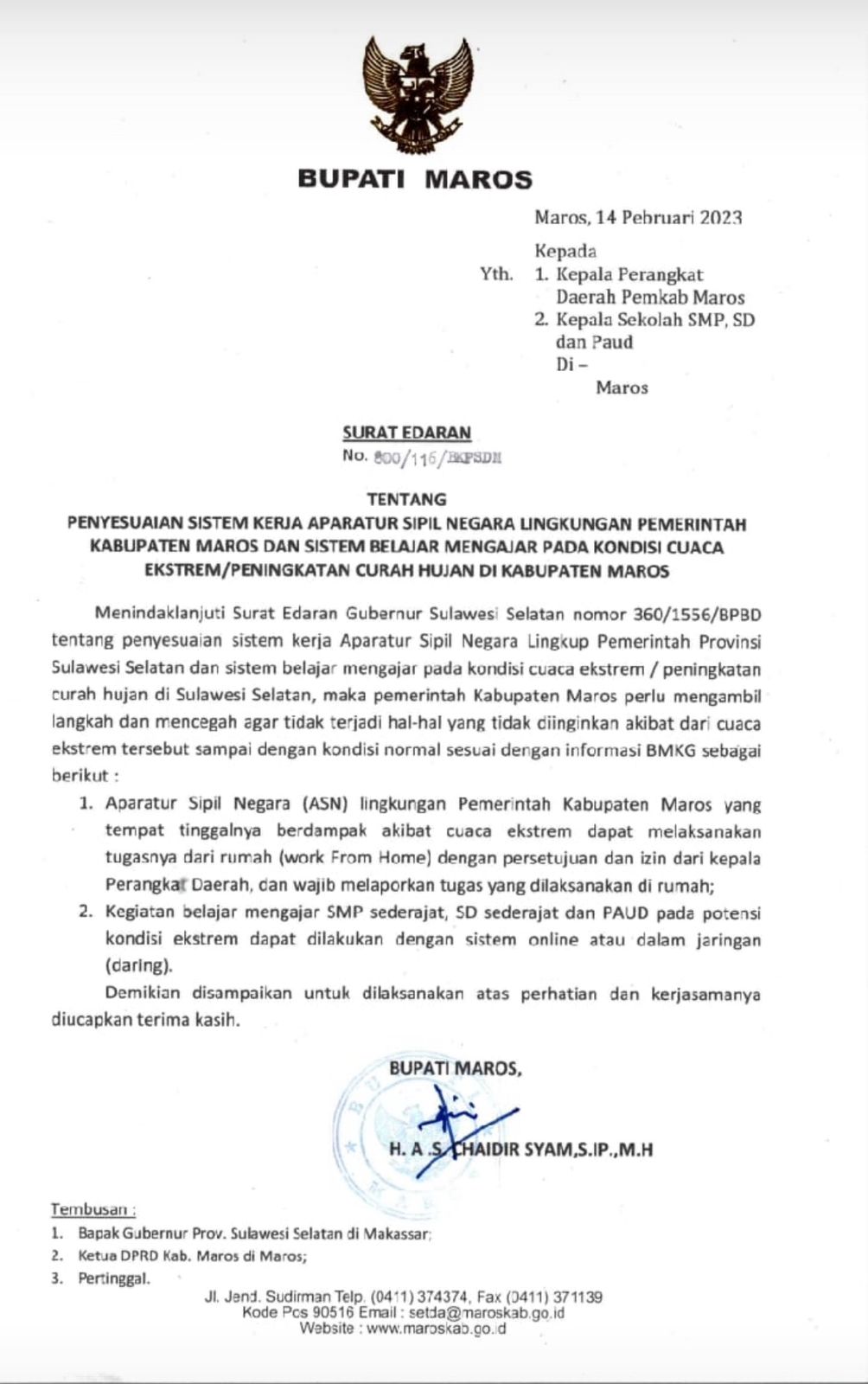 Surat Edaran Bupati Maros Mengizinkan Para ASN Terdampak Banjir Untuk WFH