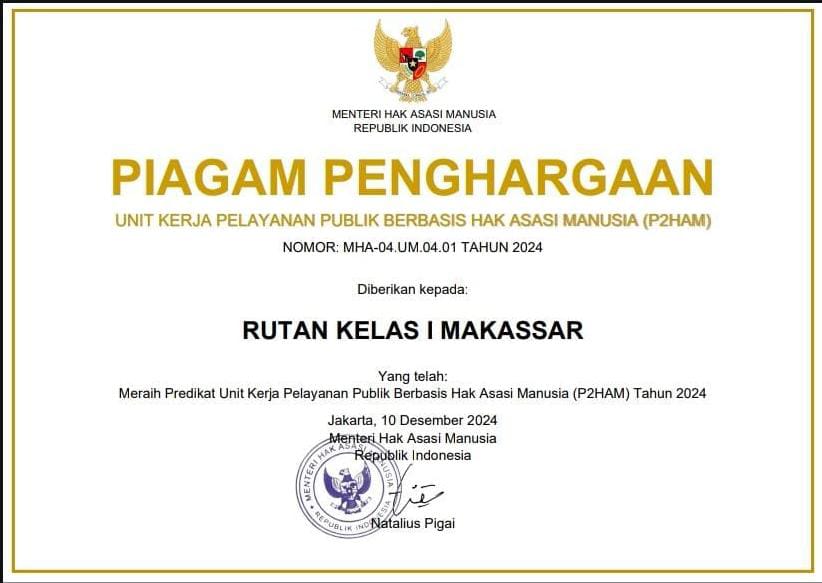 Piagam Penghargaan Unit Kerja Pelayanan Publik Berbasis Hak Asasi Manusia (P2HAM)