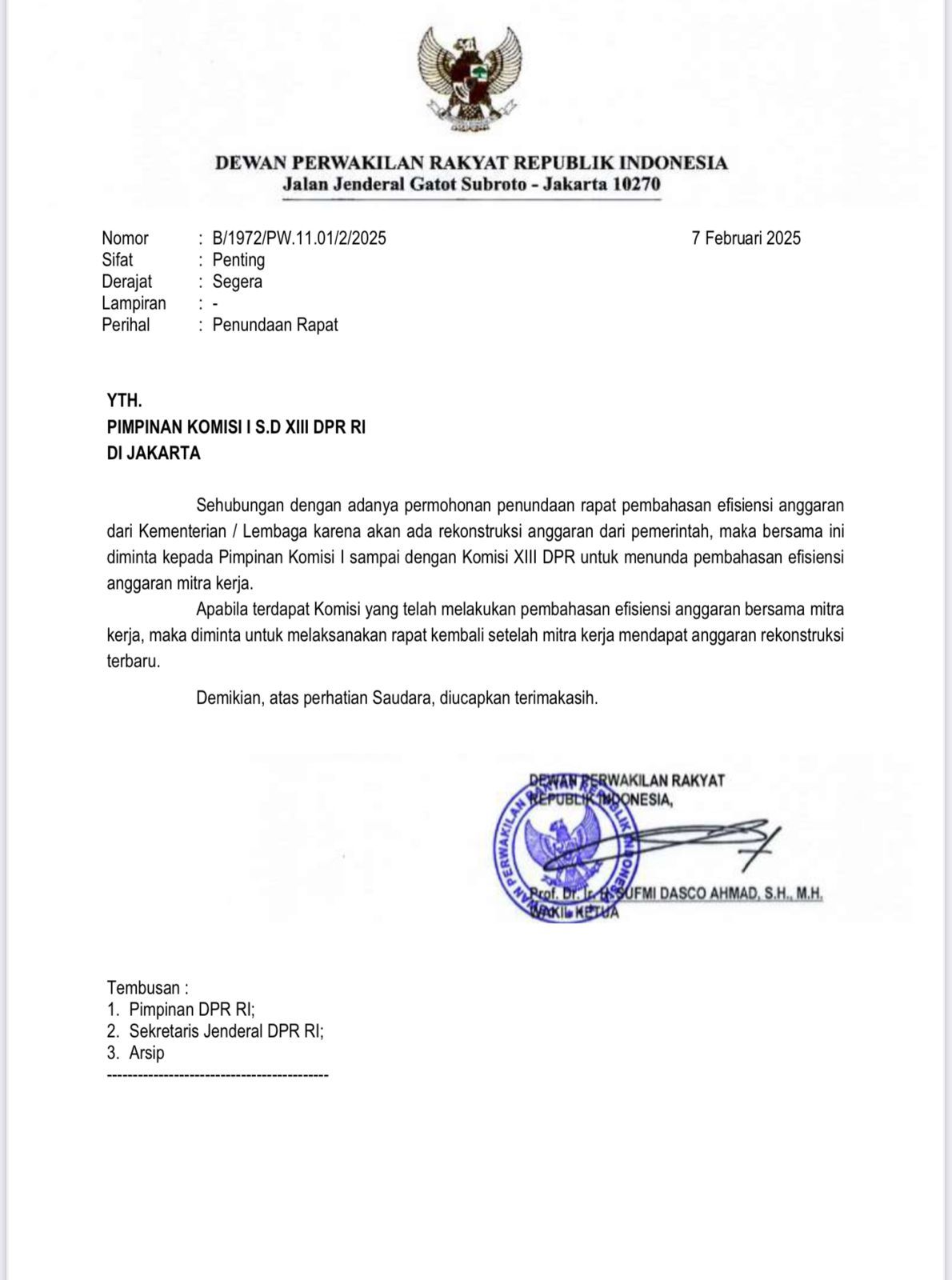 Isi Surat Pimpinan DPR RI Ke Semua Komisi Untuk Menunda Pembahasan Efisiensi Anggaran Mitra Kerja Isi Surat Pimpinan DPR RI Ke Semua Komisi Untuk Menunda Pembahasan Efisiensi Anggaran Mitra Kerja
