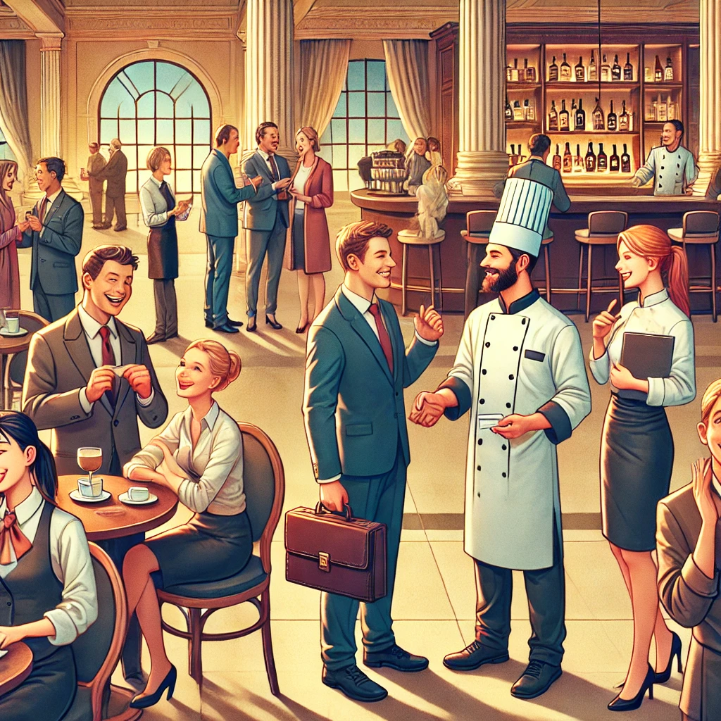 DALL·E 2025 03 18 23 06 42 An illustration depicting professional networking in the hospitality industry The scene shows a diverse group of hotel and restaurant professionals e