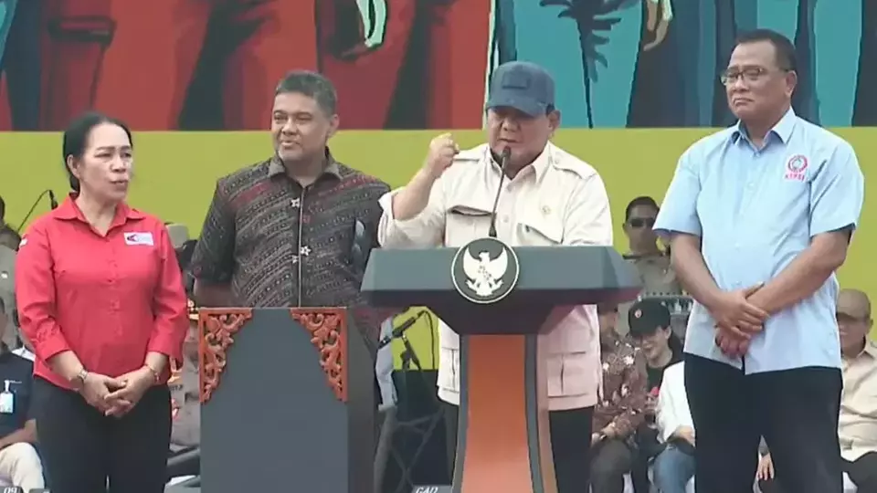 Presiden Prabowo Subianto Saat Menyampaikan Pidato Dalam Peringatan Hari Buruh Internasional