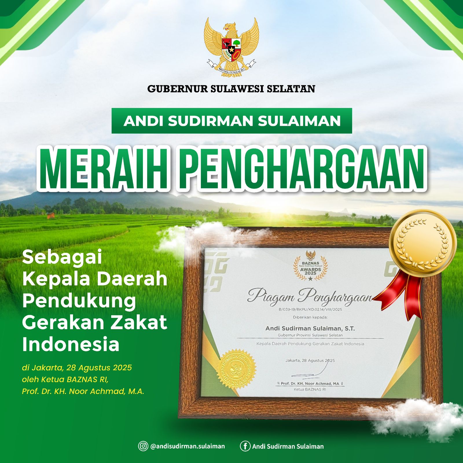 Gubernur Sulsel, Andi Sudirman Sulaiman, Raih Penghargaan Baznas Awards 2025