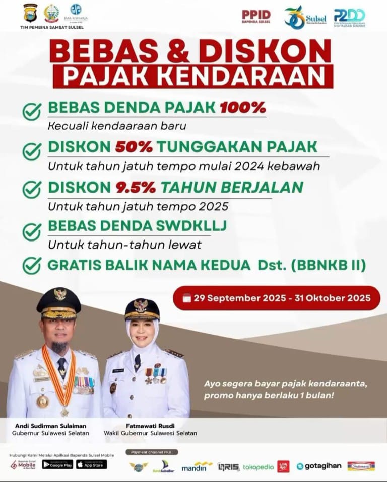 Pemprov Sulsel Beri Insentif Pajak Kendaraan: Bebas Denda dan Diskon Tunggakan Hingga 50%