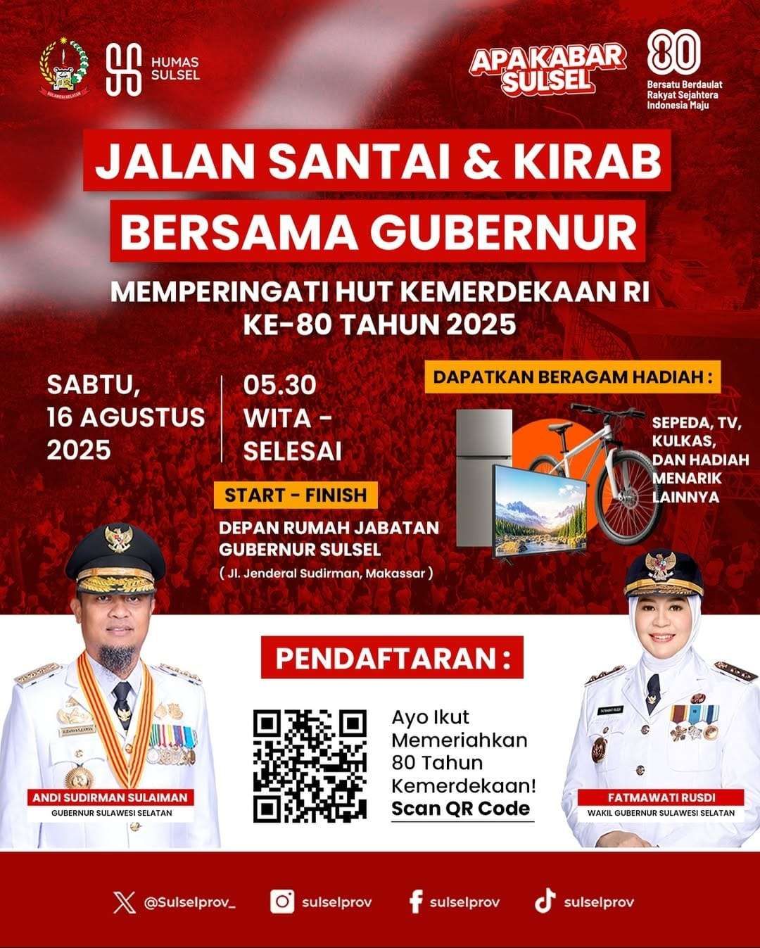 Peringati HUT RI ke-80, Pemprov Sulsel Gelar Kegiatan Jalan Santai dan Kirab