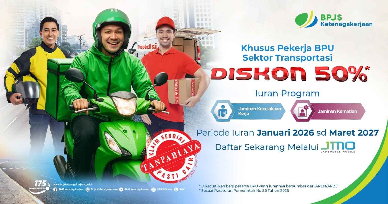Pemerintah Ringankan Beban Pekerja Informal, Iuran JKK dan JKM Diskon 50 Persen per 2026