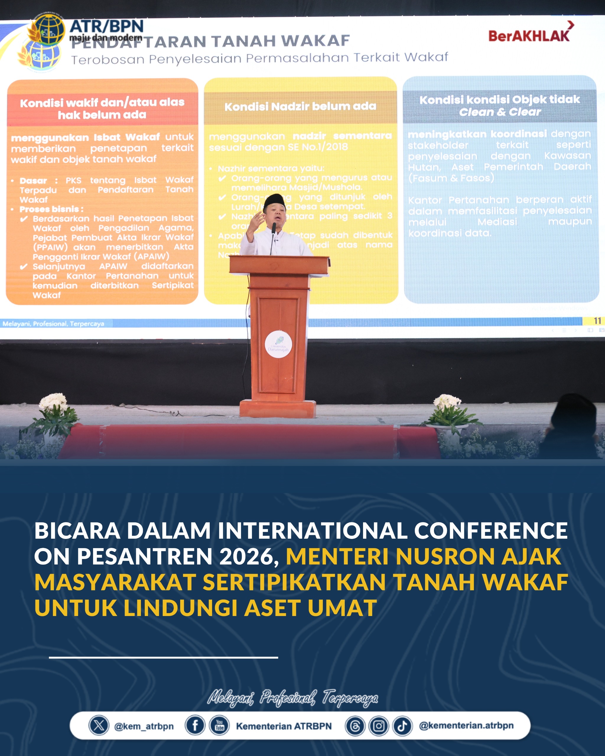 Bicara dalam International Conference on Pesantren 2026, Menteri Nusron Ajak Masyarakat Sertipikatkan Tanah Wakaf untuk Lindungi Aset Umat